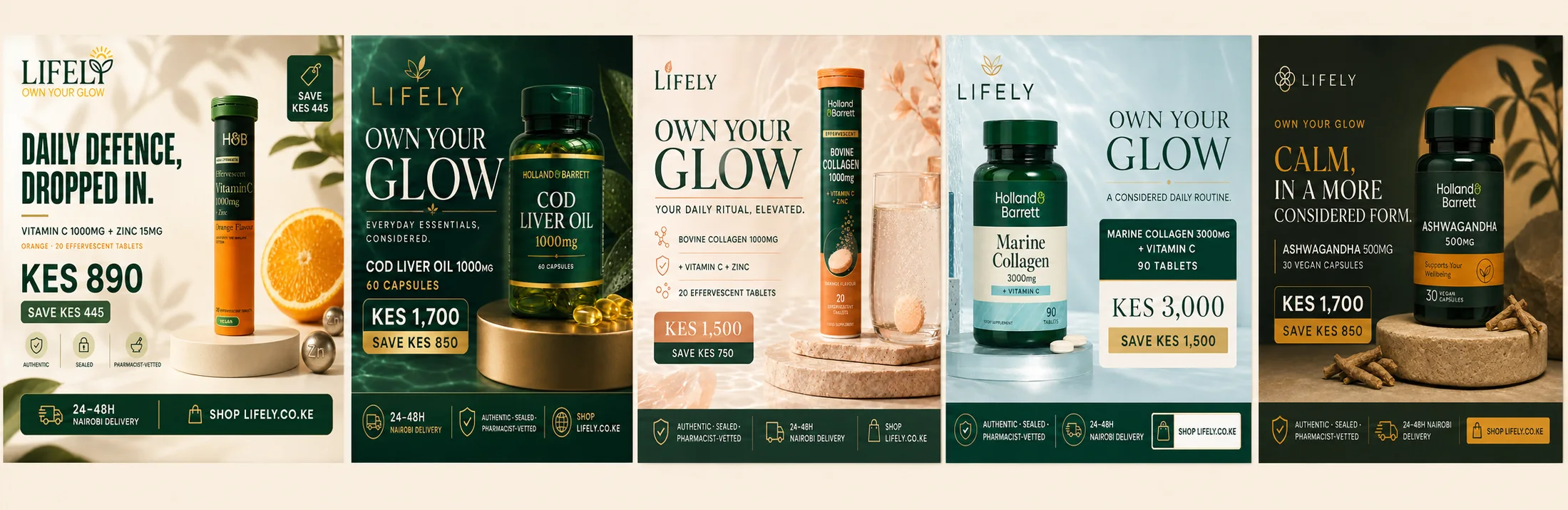 Lifely Glow collection featuring Vitamin C and Zinc, Cod Liver Oil, Bovine Collagen, Marine Collagen and Ashwagandha